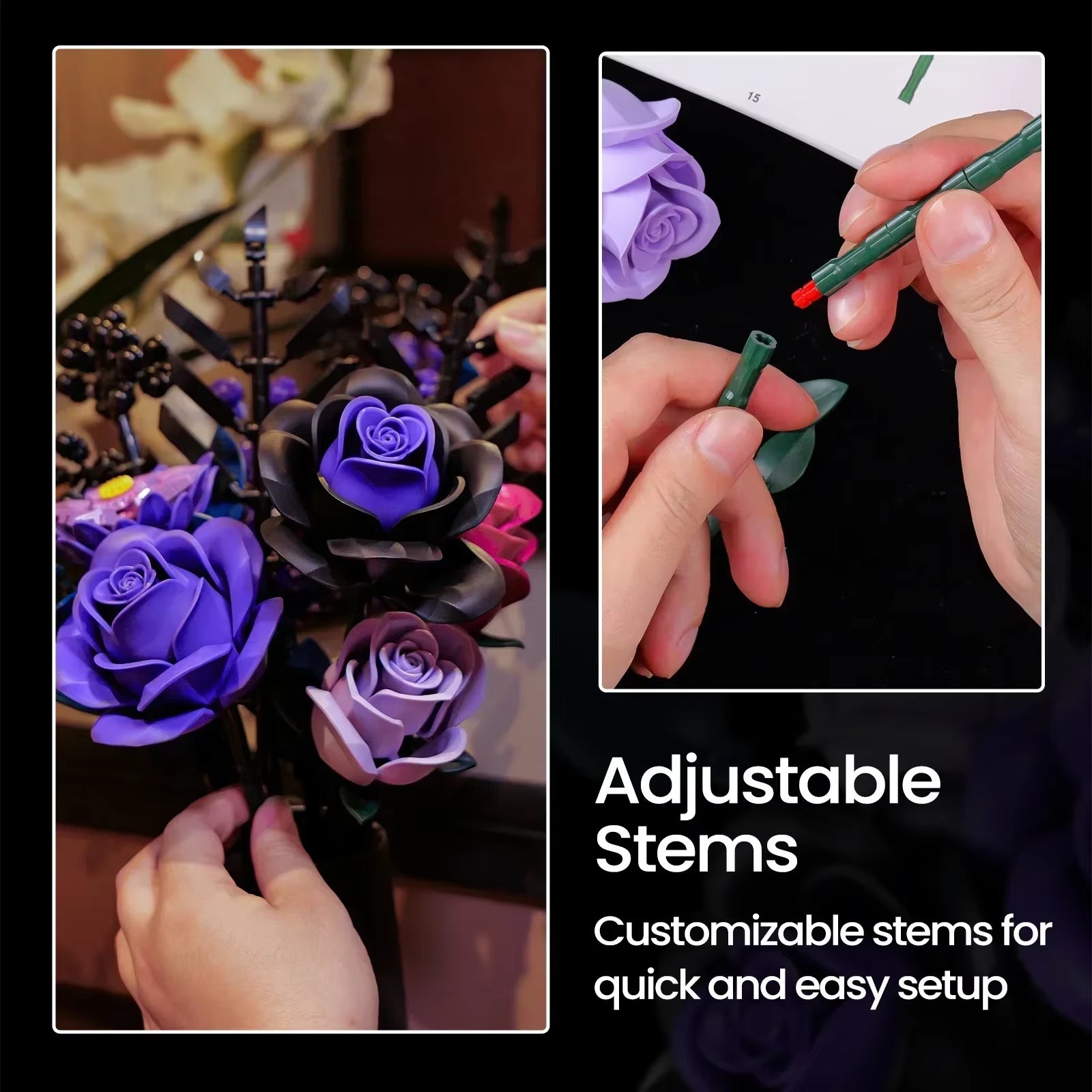 Purple Rose Botanical Building Block Set,Gothic Decor Artificial Rose Flower Bouquet Model Toys Valentines Day Gifts