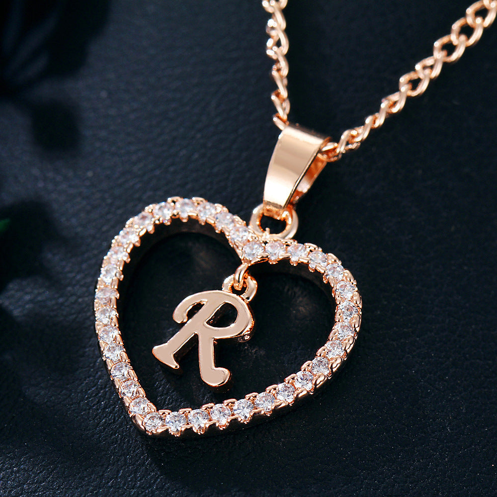 Heart-Shaped Zircon Pendant Necklace with 26 Letters in Gold-Plated Stainless Steel - Elegant Jewelry Gift for Women
