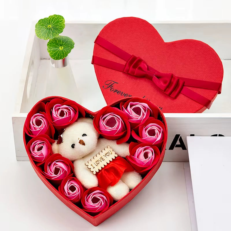 Valentines Day Gift Artificial Flower Rose Bear Rose Preserved with Heart Shape Case Cottagecore Decorations Rose Petals Rose