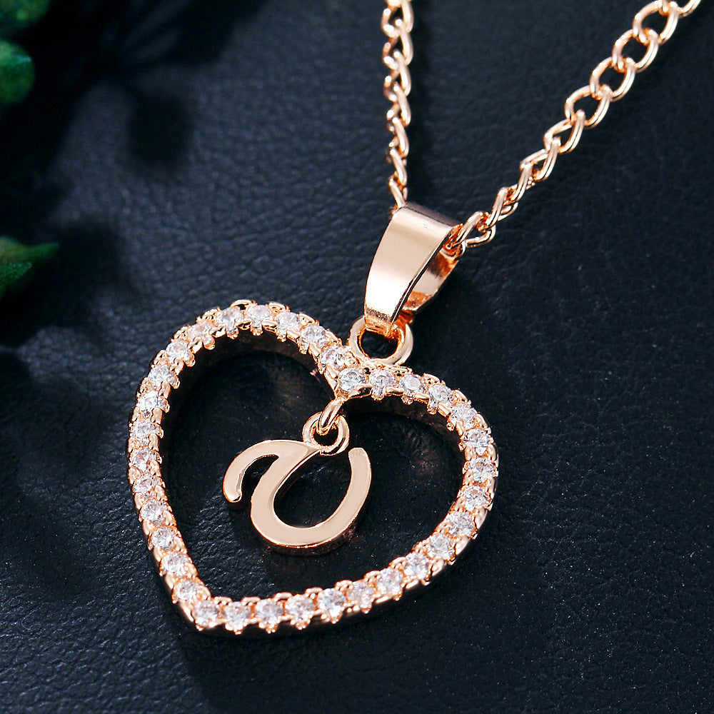 Heart-Shaped Zircon Pendant Necklace with 26 Letters in Gold-Plated Stainless Steel - Elegant Jewelry Gift for Women