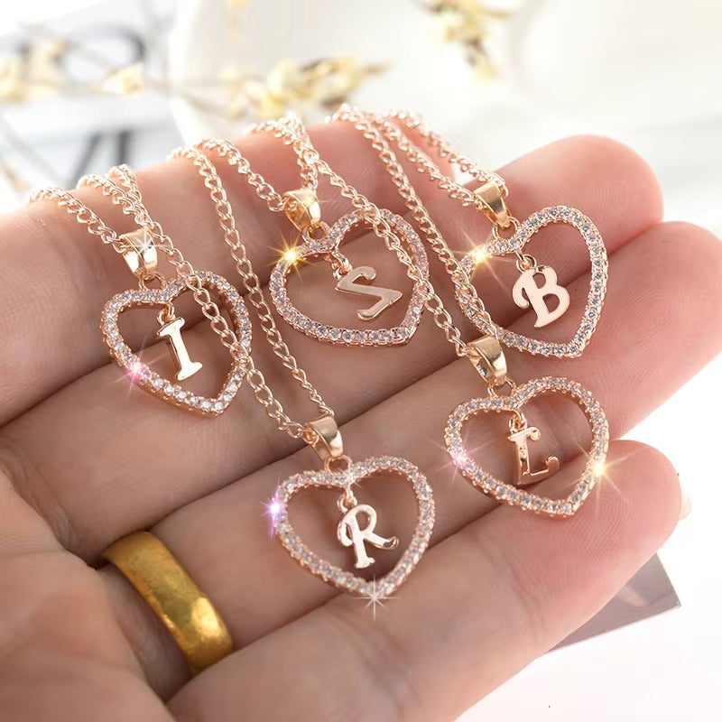 Heart-Shaped Zircon Pendant Necklace with 26 Letters in Gold-Plated Stainless Steel - Elegant Jewelry Gift for Women