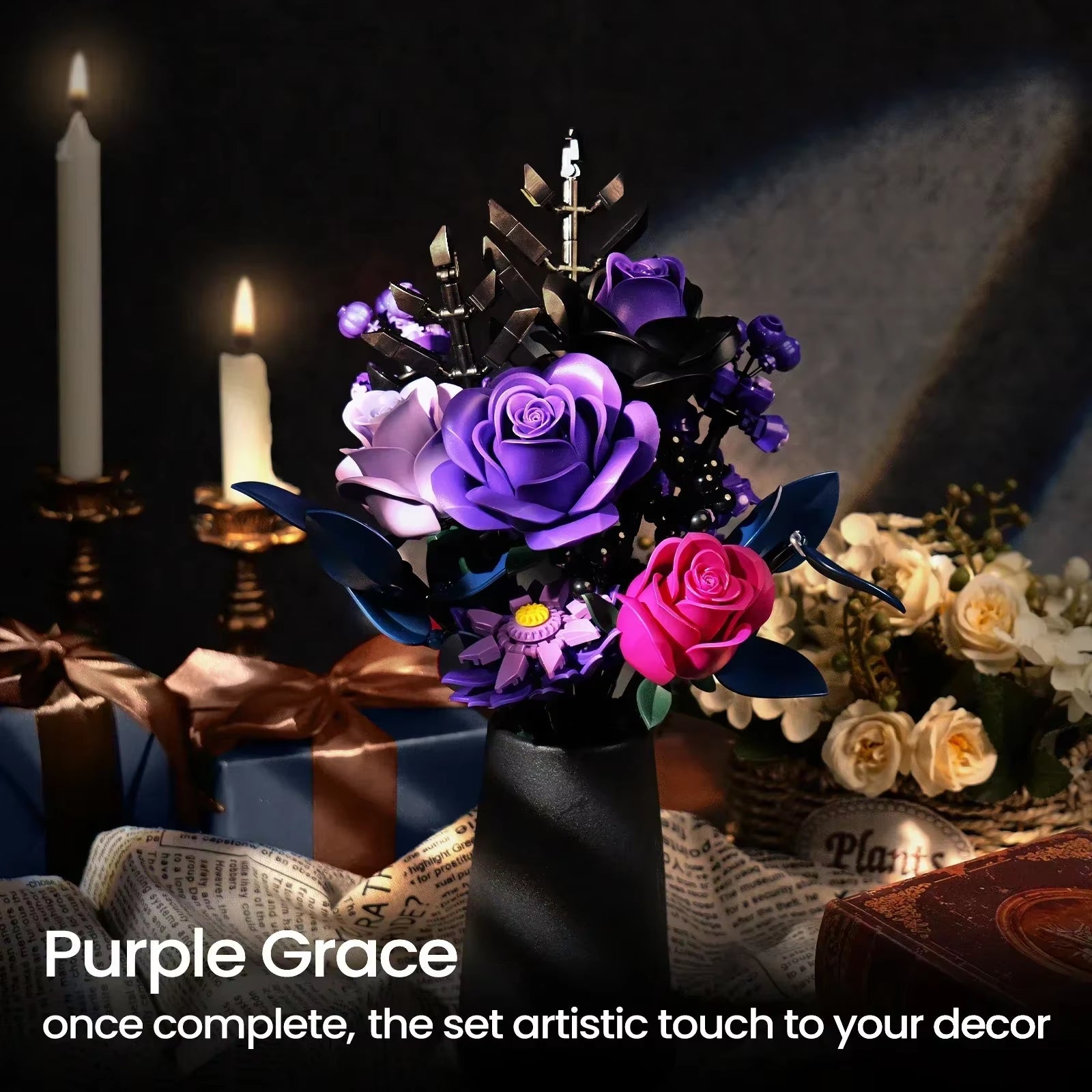 Purple Rose Botanical Building Block Set,Gothic Decor Artificial Rose Flower Bouquet Model Toys Valentines Day Gifts