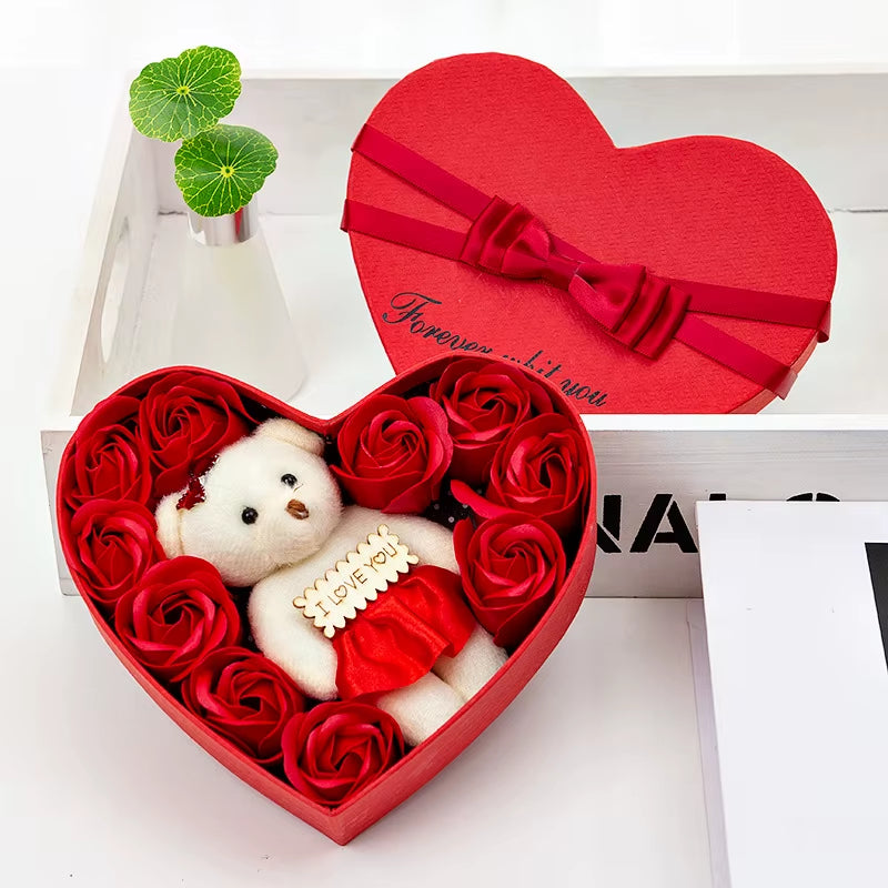 Valentines Day Gift Artificial Flower Rose Bear Rose Preserved with Heart Shape Case Cottagecore Decorations Rose Petals Rose