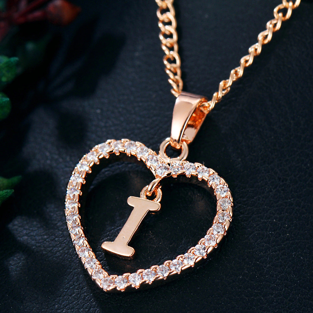 Heart-Shaped Zircon Pendant Necklace with 26 Letters in Gold-Plated Stainless Steel - Elegant Jewelry Gift for Women