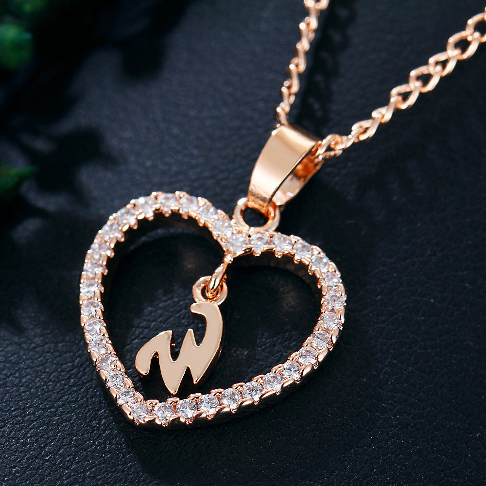 Heart-Shaped Zircon Pendant Necklace with 26 Letters in Gold-Plated Stainless Steel - Elegant Jewelry Gift for Women