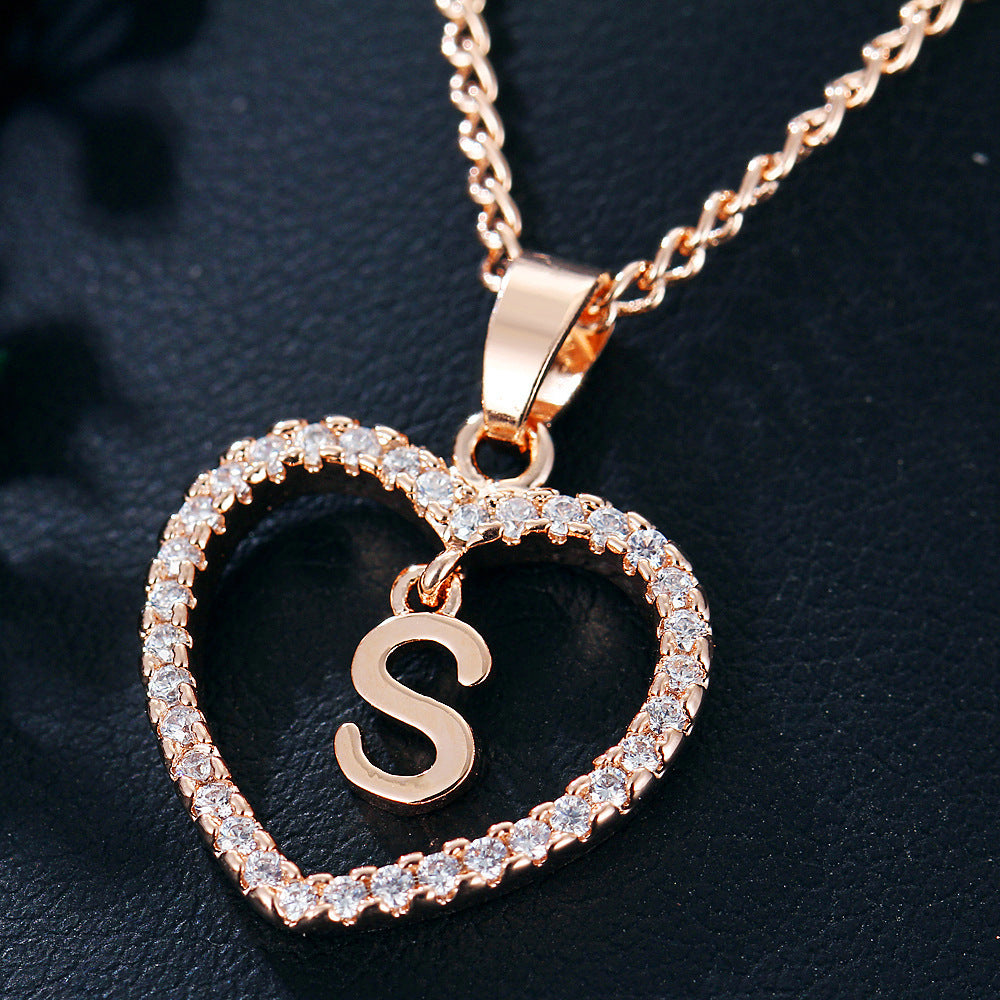 Heart-Shaped Zircon Pendant Necklace with 26 Letters in Gold-Plated Stainless Steel - Elegant Jewelry Gift for Women