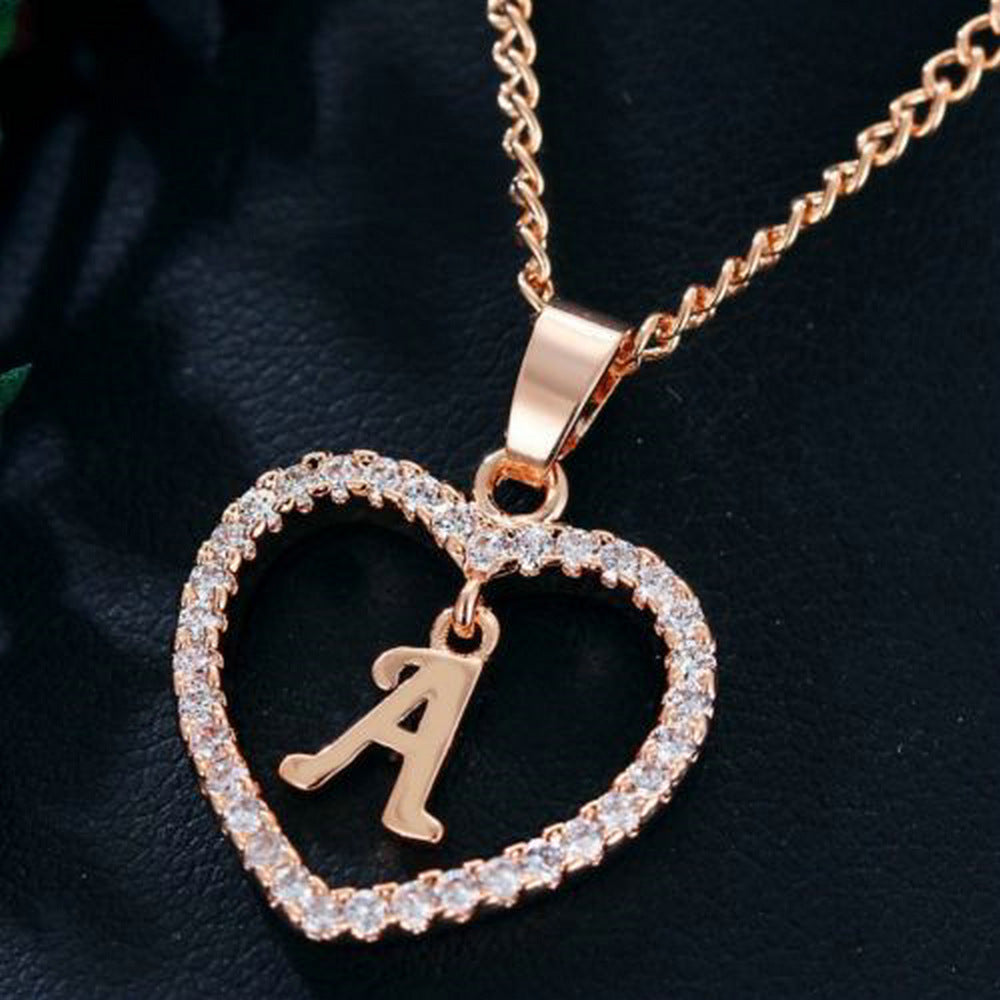 Heart-Shaped Zircon Pendant Necklace with 26 Letters in Gold-Plated Stainless Steel - Elegant Jewelry Gift for Women