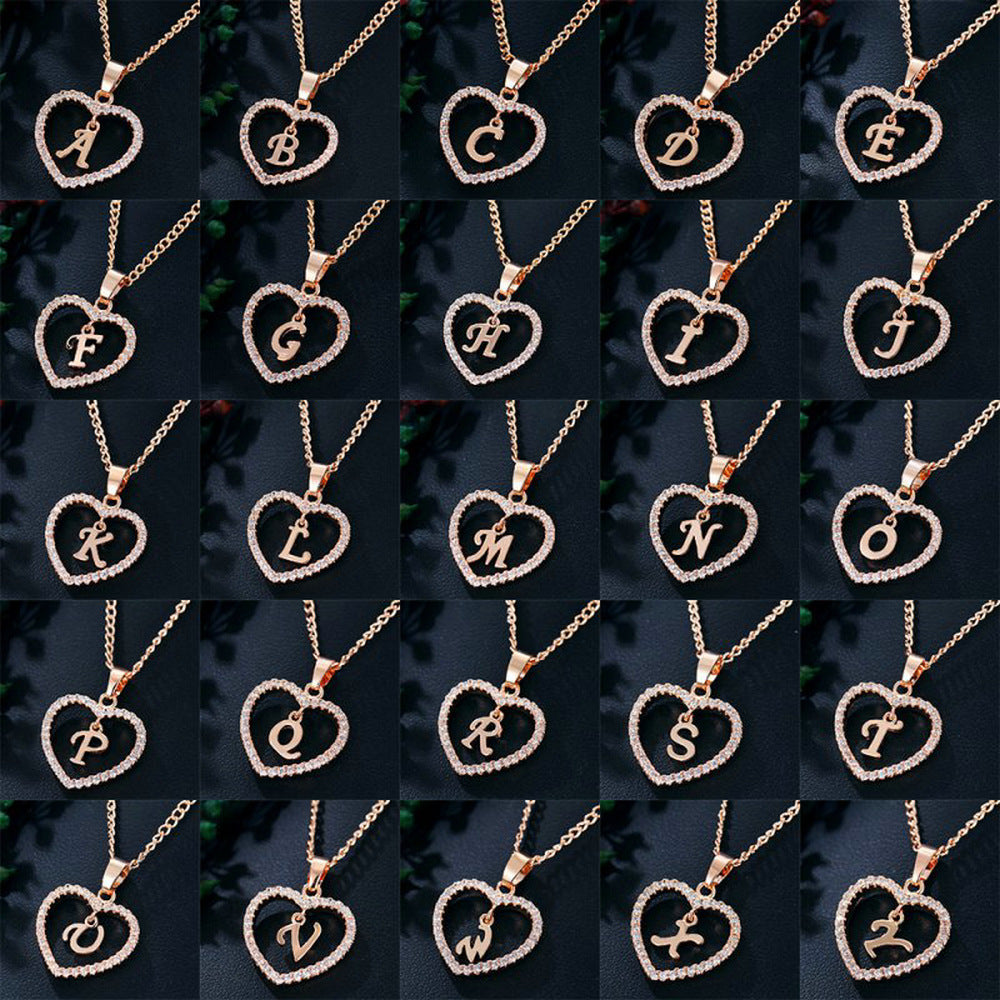 Heart-Shaped Zircon Pendant Necklace with 26 Letters in Gold-Plated Stainless Steel - Elegant Jewelry Gift for Women