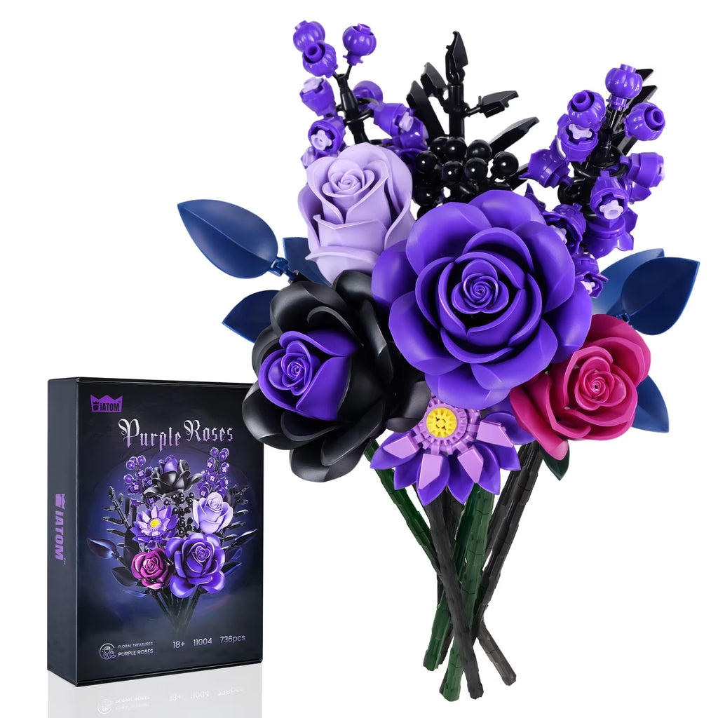 Purple Rose Botanical Building Block Set,Gothic Decor Artificial Rose Flower Bouquet Model Toys Valentines Day Gifts