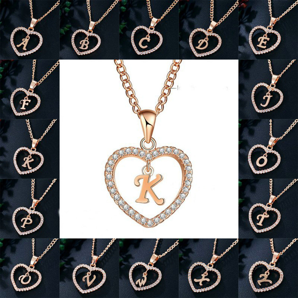 Heart-Shaped Zircon Pendant Necklace with 26 Letters in Gold-Plated Stainless Steel - Elegant Jewelry Gift for Women