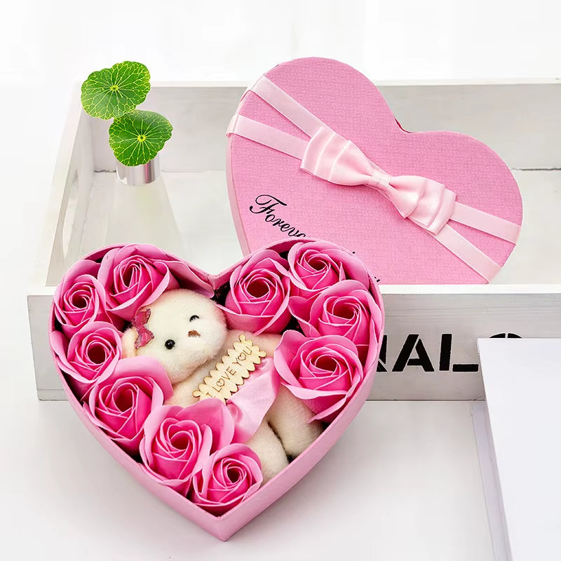 Valentines Day Gift Artificial Flower Rose Bear Rose Preserved with Heart Shape Case Cottagecore Decorations Rose Petals Rose