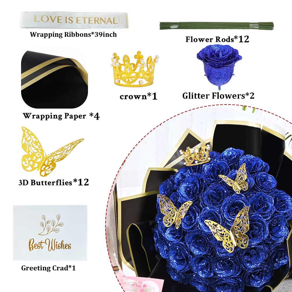12PCS Glitter Roses Artificial Flowers DIY Bouquet Everlasting Fake Flower for Wedding Anniversary Valentines Day Mothers Gifts