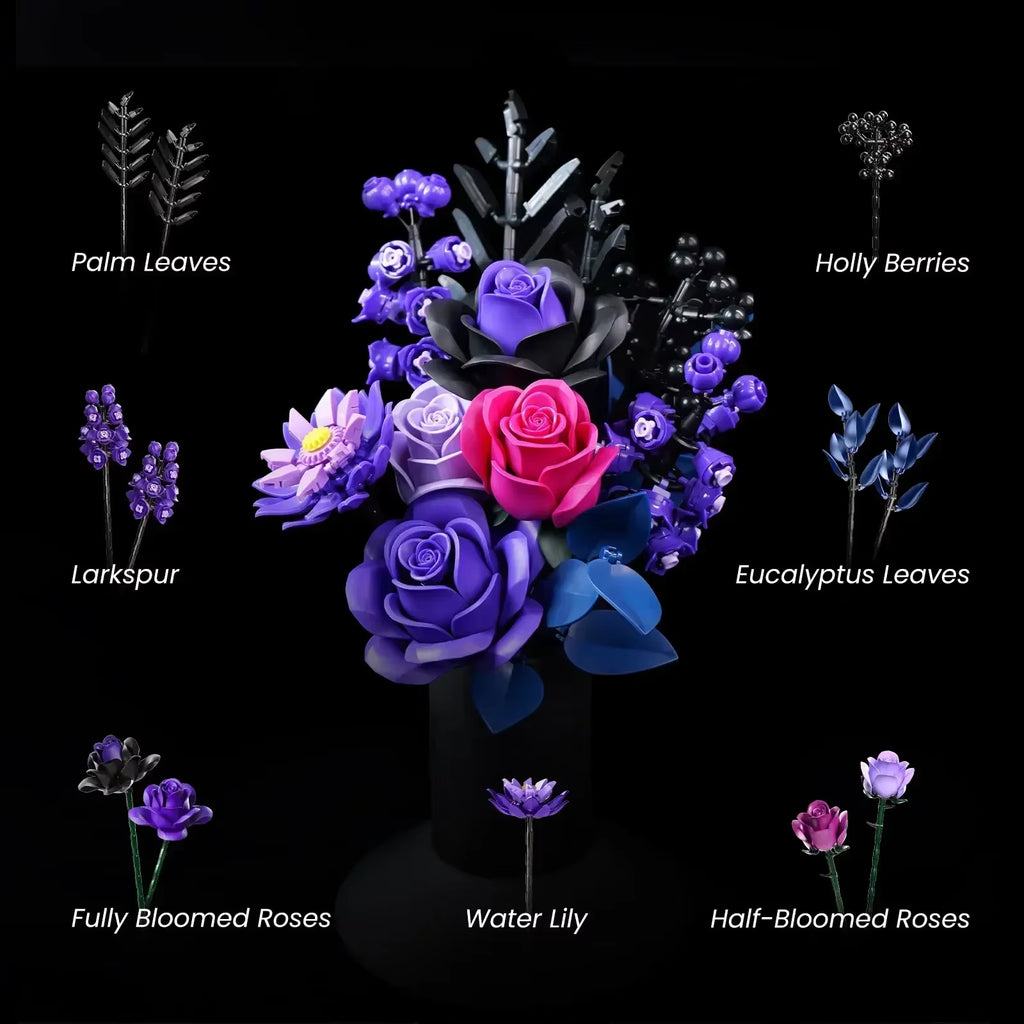 Purple Rose Botanical Building Block Set,Gothic Decor Artificial Rose Flower Bouquet Model Toys Valentines Day Gifts