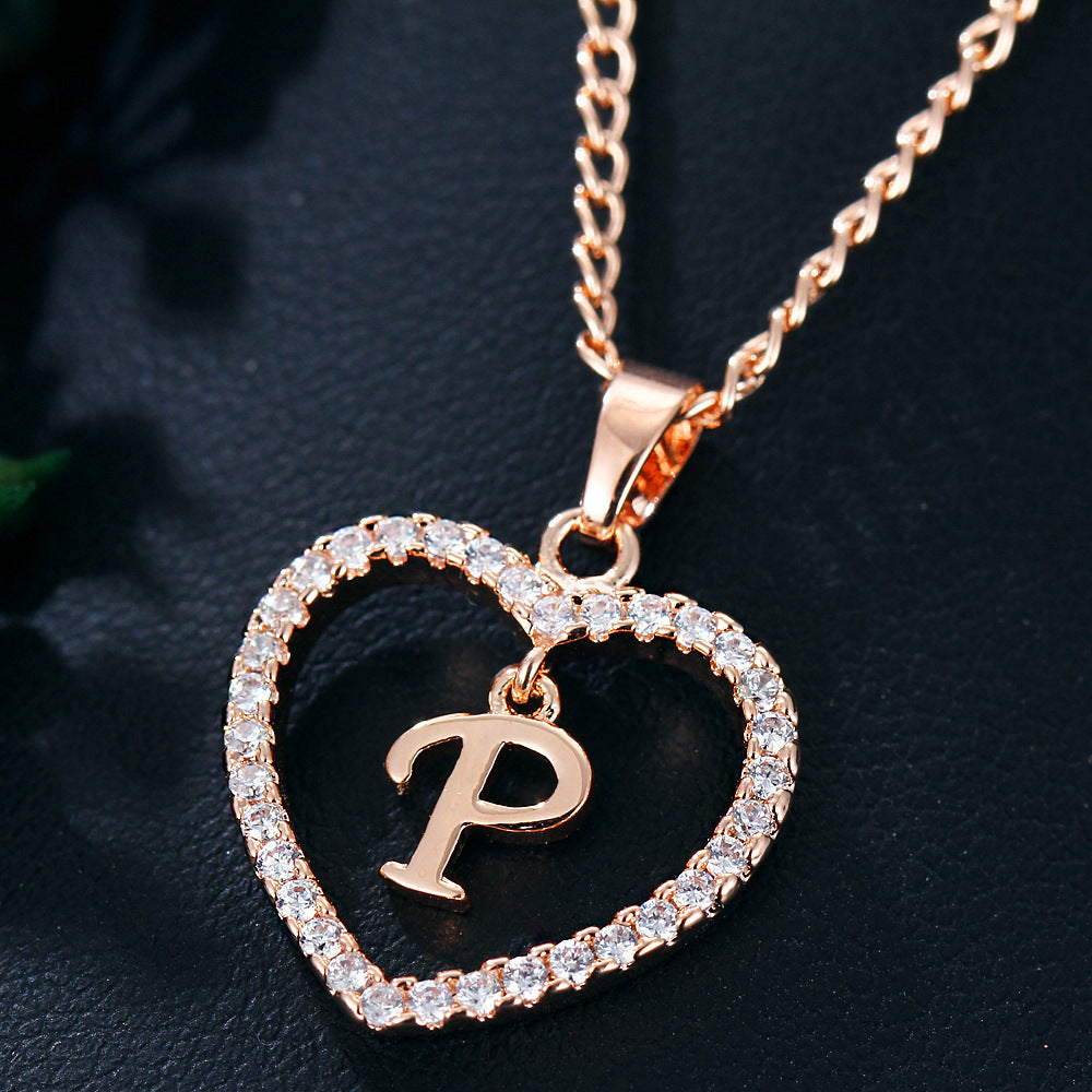 Heart-Shaped Zircon Pendant Necklace with 26 Letters in Gold-Plated Stainless Steel - Elegant Jewelry Gift for Women
