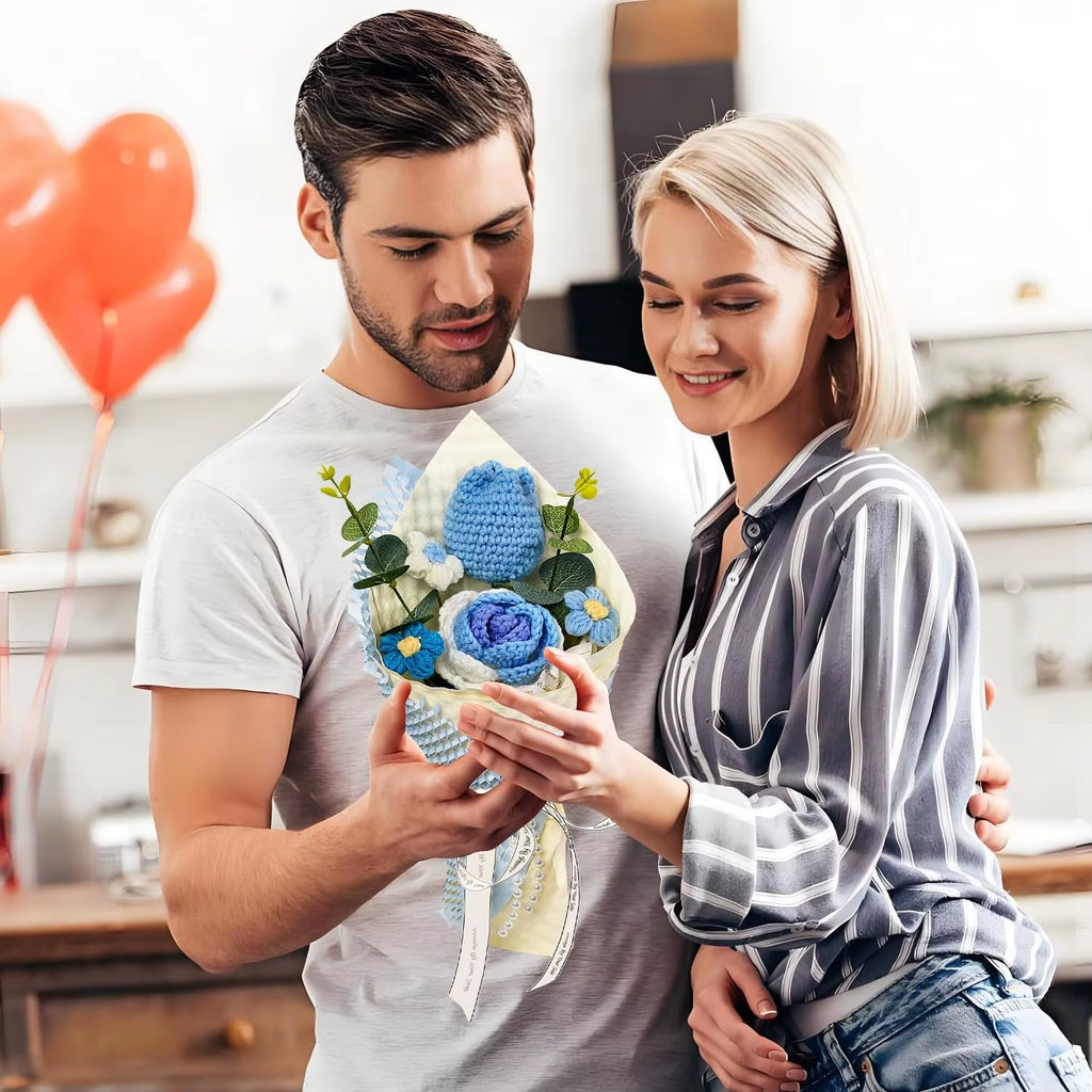 Handmade Crochet Blue Tulip & Rose Flowers Bouquet, Crochet Flower Bouquets for Mother'S Day, Father'S Day, Valentines, Birthday