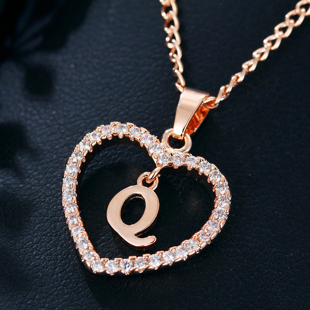 Heart-Shaped Zircon Pendant Necklace with 26 Letters in Gold-Plated Stainless Steel - Elegant Jewelry Gift for Women