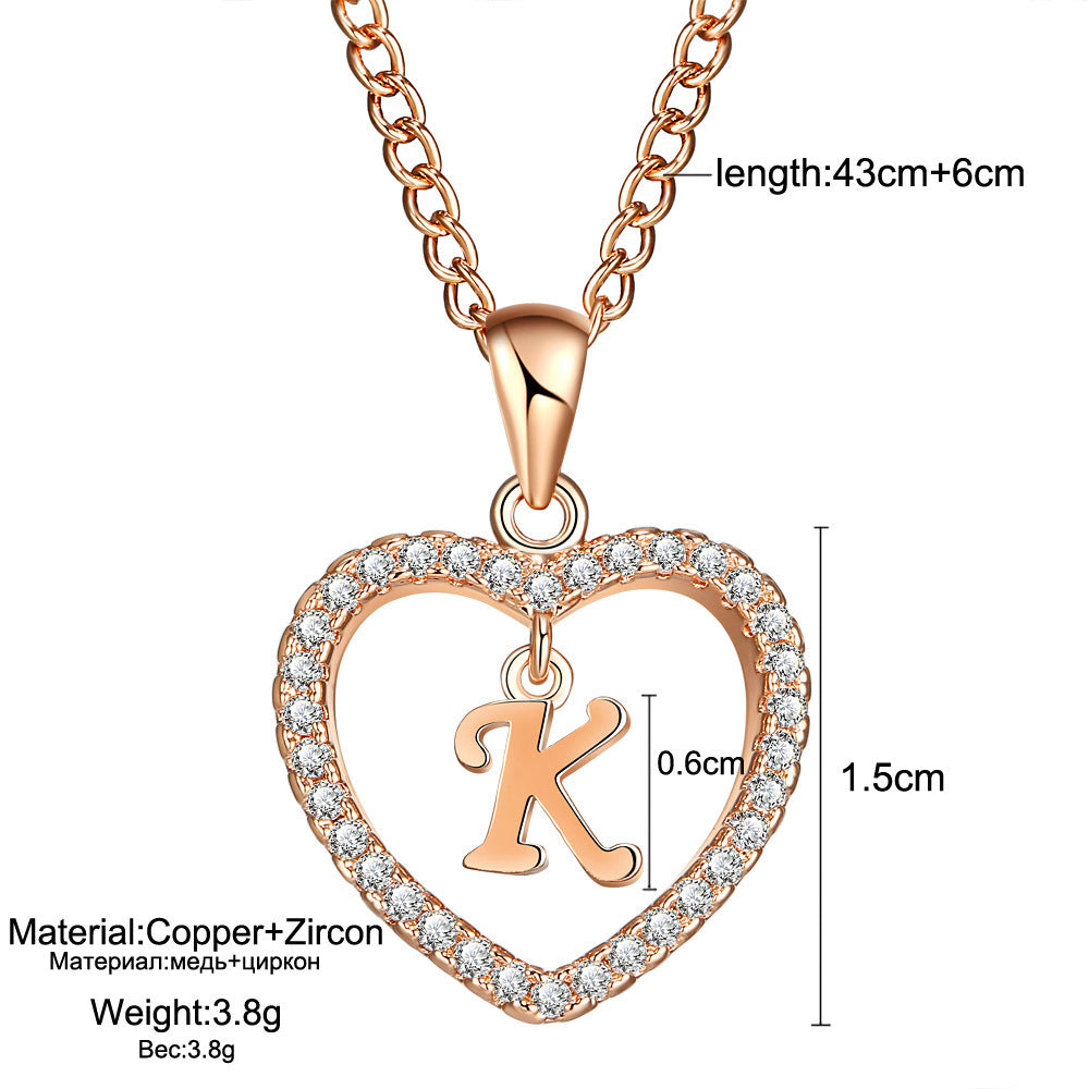 Heart-Shaped Zircon Pendant Necklace with 26 Letters in Gold-Plated Stainless Steel - Elegant Jewelry Gift for Women