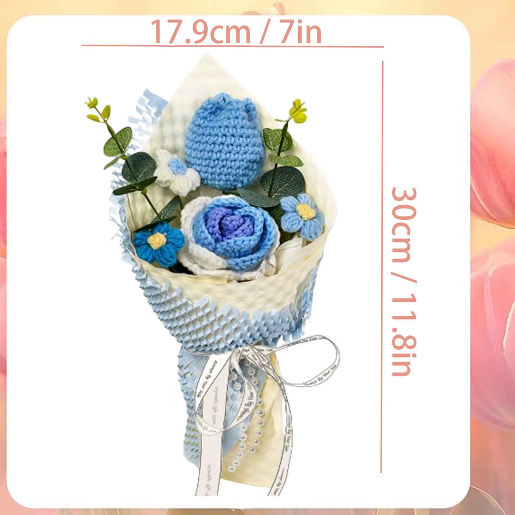 Handmade Crochet Blue Tulip & Rose Flowers Bouquet, Crochet Flower Bouquets for Mother'S Day, Father'S Day, Valentines, Birthday