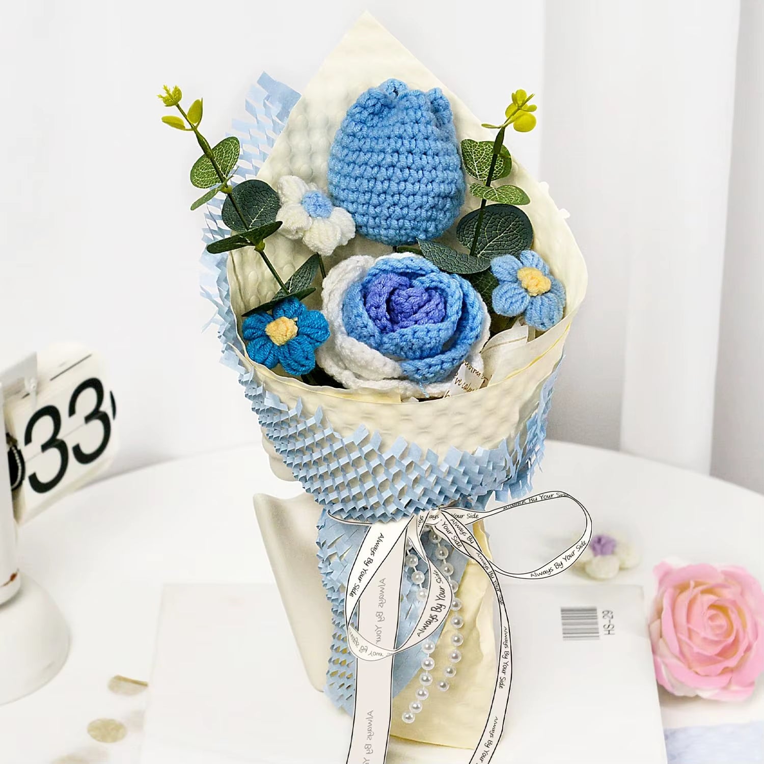 Handmade Crochet Blue Tulip & Rose Flowers Bouquet, Crochet Flower Bouquets for Mother'S Day, Father'S Day, Valentines, Birthday
