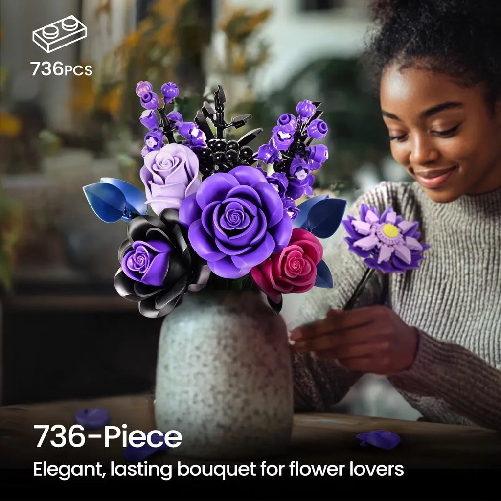 Purple Rose Botanical Building Block Set,Gothic Decor Artificial Rose Flower Bouquet Model Toys Valentines Day Gifts