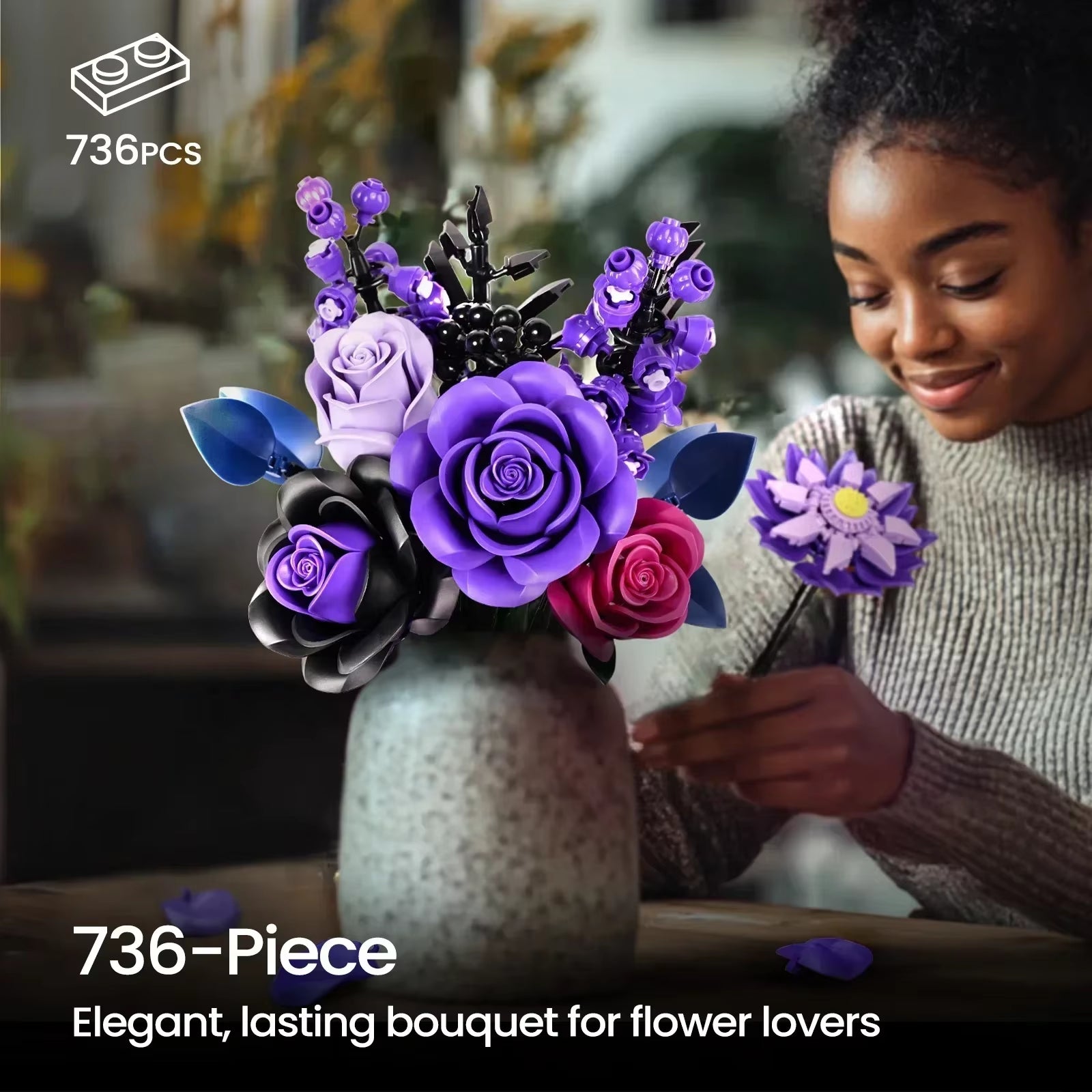 Purple Rose Botanical Building Block Set,Gothic Decor Artificial Rose Flower Bouquet Model Toys Valentines Day Gifts