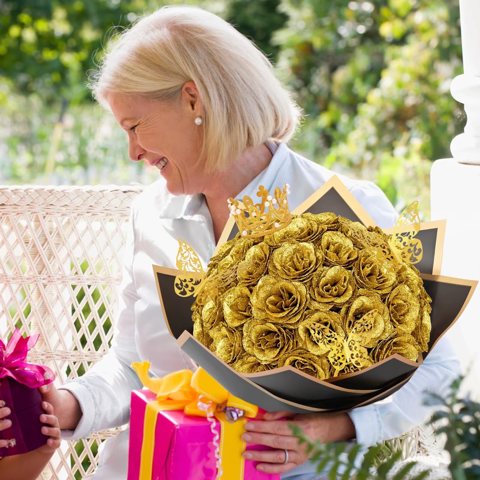 12PCS Glitter Roses Artificial Flowers DIY Bouquet Everlasting Fake Flower for Wedding Anniversary Valentines Day Mothers Gifts