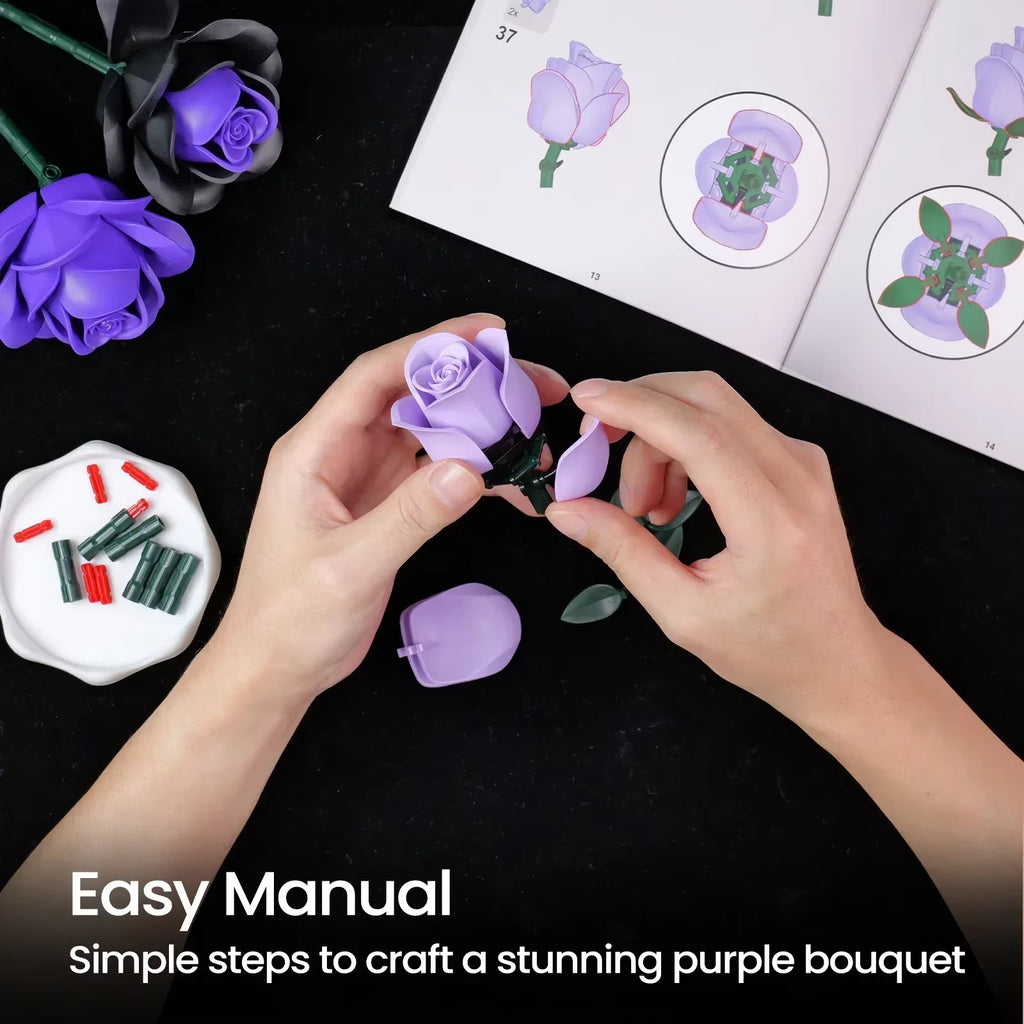 Purple Rose Botanical Building Block Set,Gothic Decor Artificial Rose Flower Bouquet Model Toys Valentines Day Gifts