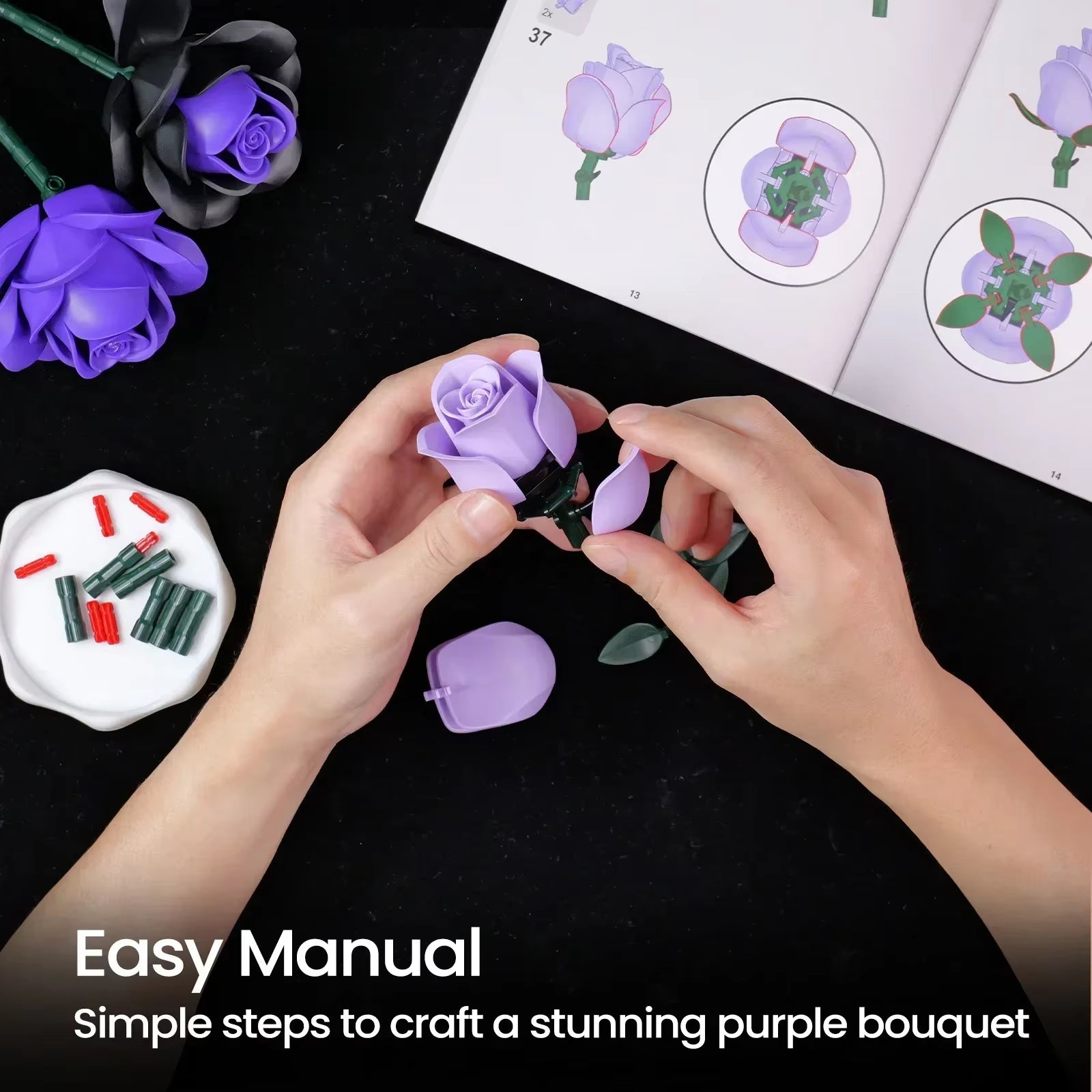 Purple Rose Botanical Building Block Set,Gothic Decor Artificial Rose Flower Bouquet Model Toys Valentines Day Gifts