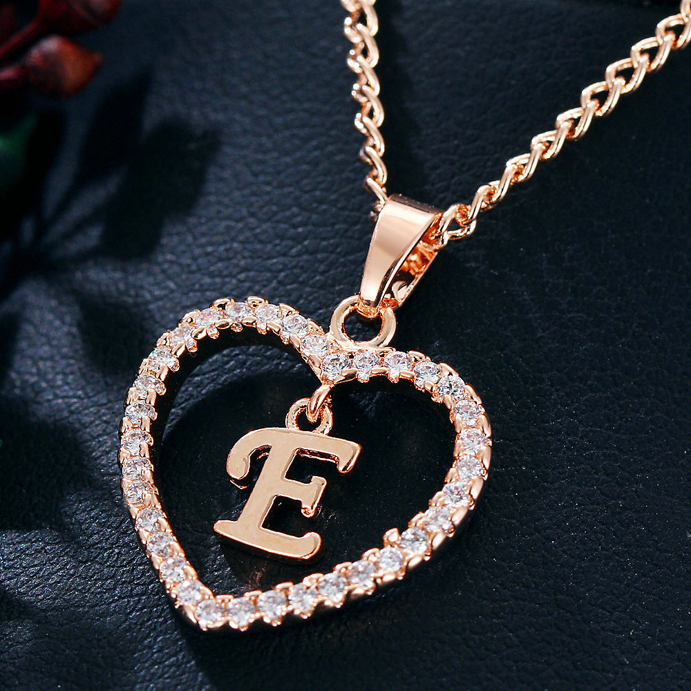 Heart-Shaped Zircon Pendant Necklace with 26 Letters in Gold-Plated Stainless Steel - Elegant Jewelry Gift for Women
