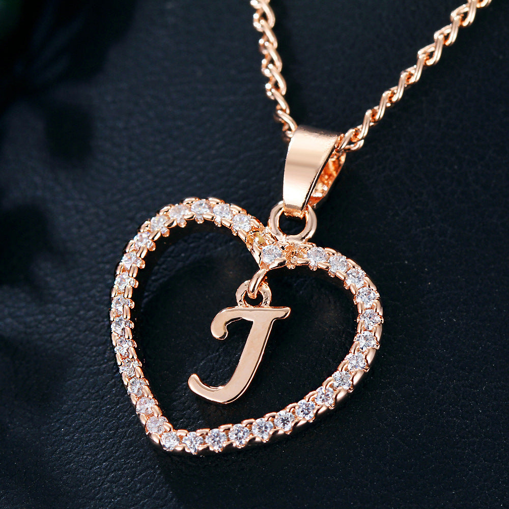 Heart-Shaped Zircon Pendant Necklace with 26 Letters in Gold-Plated Stainless Steel - Elegant Jewelry Gift for Women