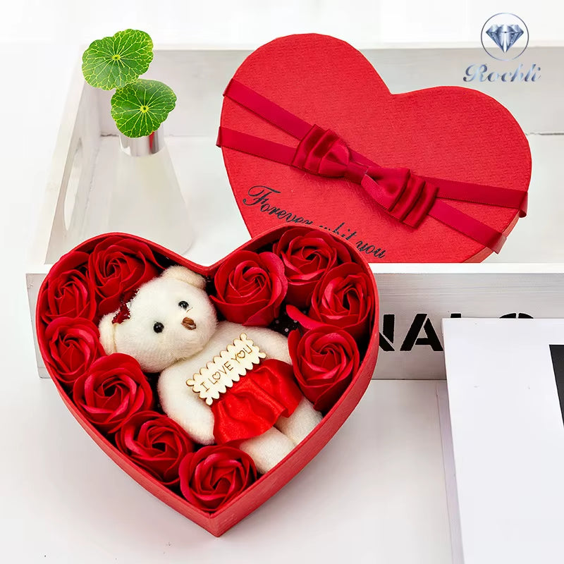 Valentines Day Gift Artificial Flower Rose Bear Rose Preserved with Heart Shape Case Cottagecore Decorations Rose Petals Rose