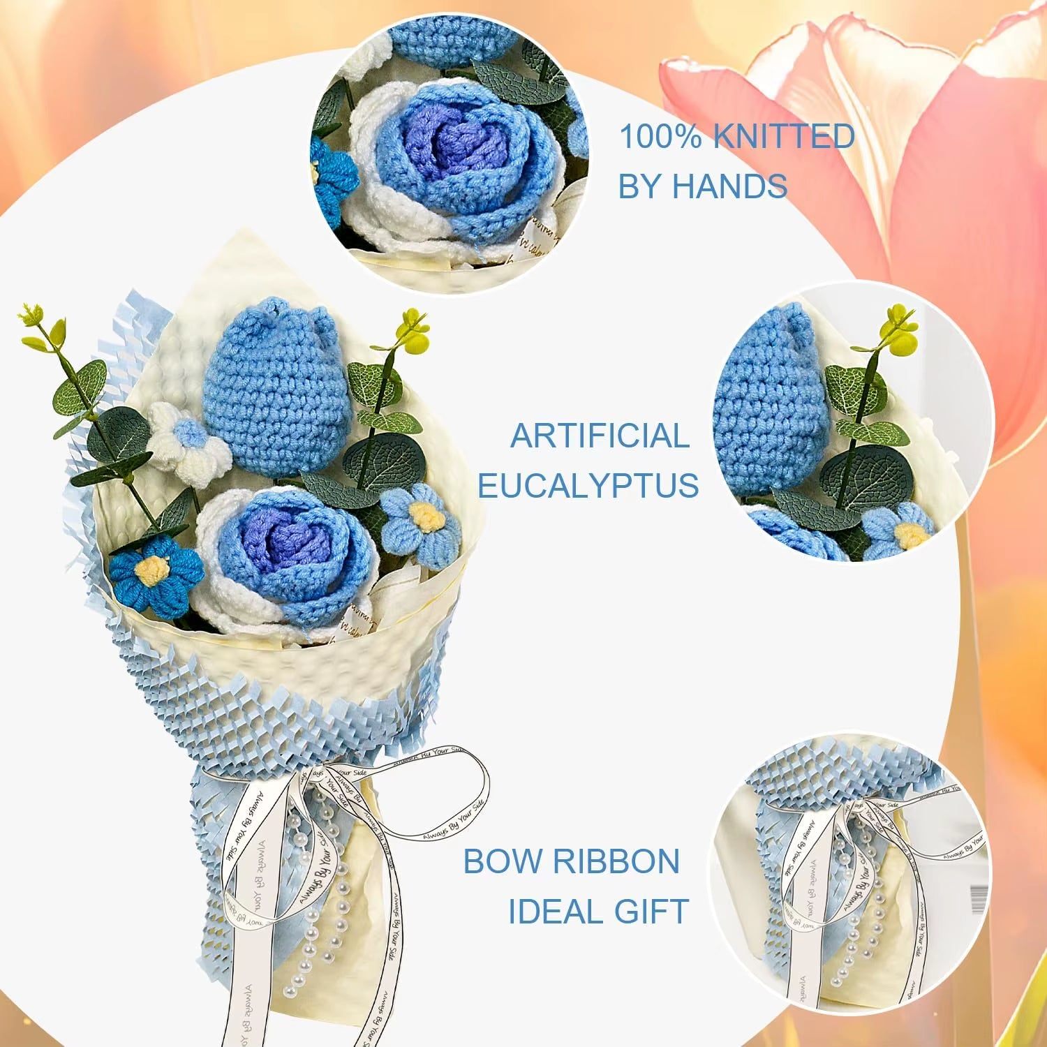 Handmade Crochet Blue Tulip & Rose Flowers Bouquet, Crochet Flower Bouquets for Mother'S Day, Father'S Day, Valentines, Birthday