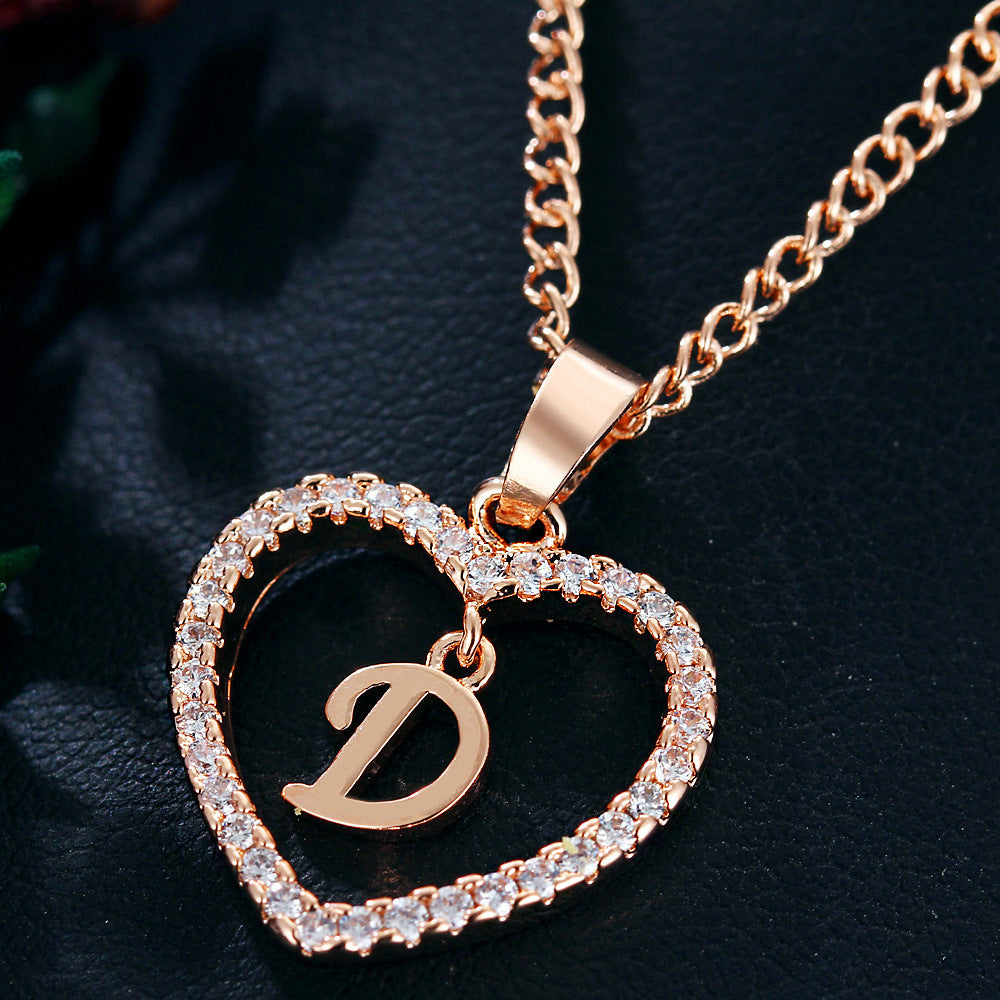Heart-Shaped Zircon Pendant Necklace with 26 Letters in Gold-Plated Stainless Steel - Elegant Jewelry Gift for Women