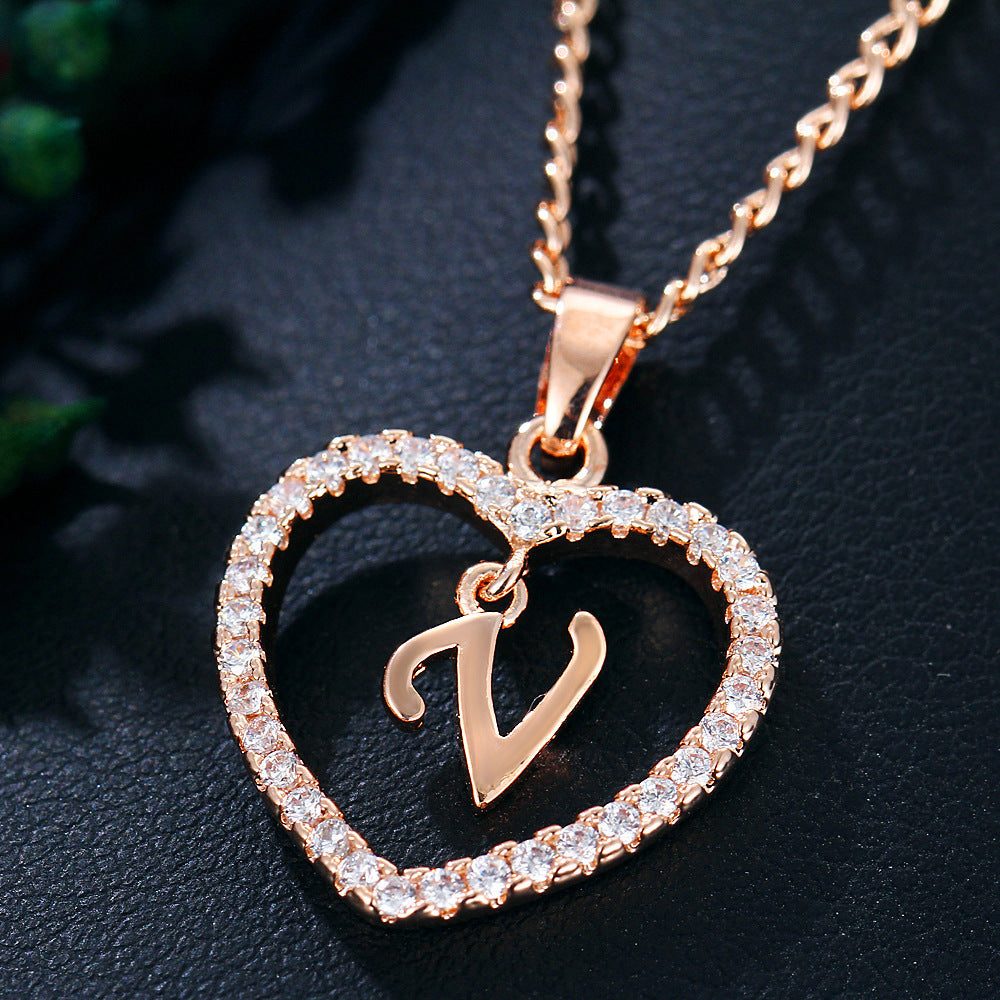 Heart-Shaped Zircon Pendant Necklace with 26 Letters in Gold-Plated Stainless Steel - Elegant Jewelry Gift for Women