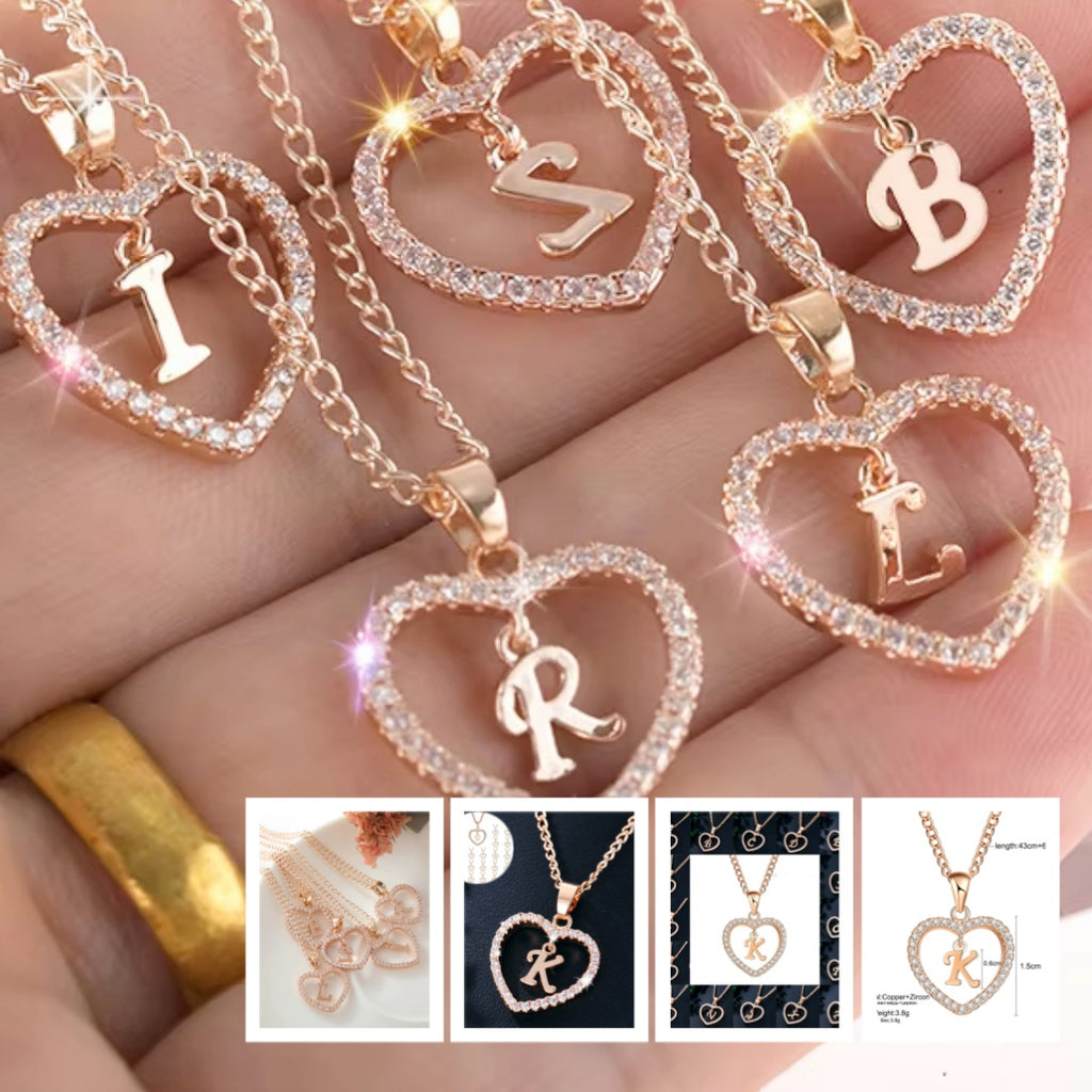 Heart-Shaped Zircon Pendant Necklace with 26 Letters in Gold-Plated Stainless Steel - Elegant Jewelry Gift for Women