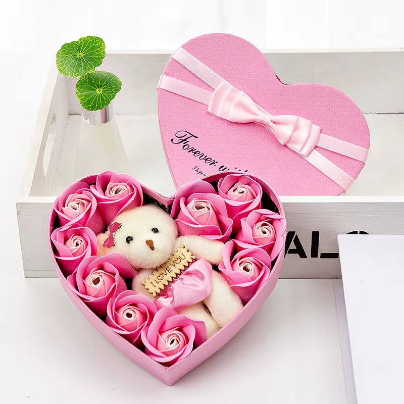 Valentines Day Gift Artificial Flower Rose Bear Rose Preserved with Heart Shape Case Cottagecore Decorations Rose Petals Rose