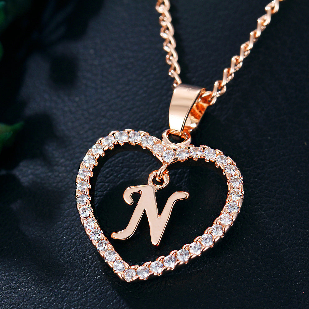 Heart-Shaped Zircon Pendant Necklace with 26 Letters in Gold-Plated Stainless Steel - Elegant Jewelry Gift for Women