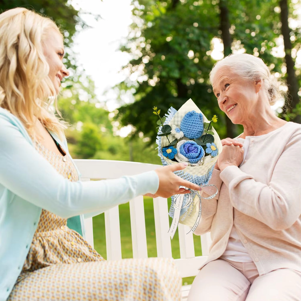 Handmade Crochet Blue Tulip & Rose Flowers Bouquet, Crochet Flower Bouquets for Mother'S Day, Father'S Day, Valentines, Birthday